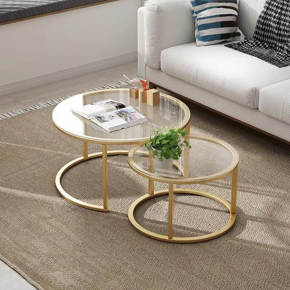Gold Nesting Coffee Table Set of 2, Small Glass Nesting Tables for Living Room Bedroom