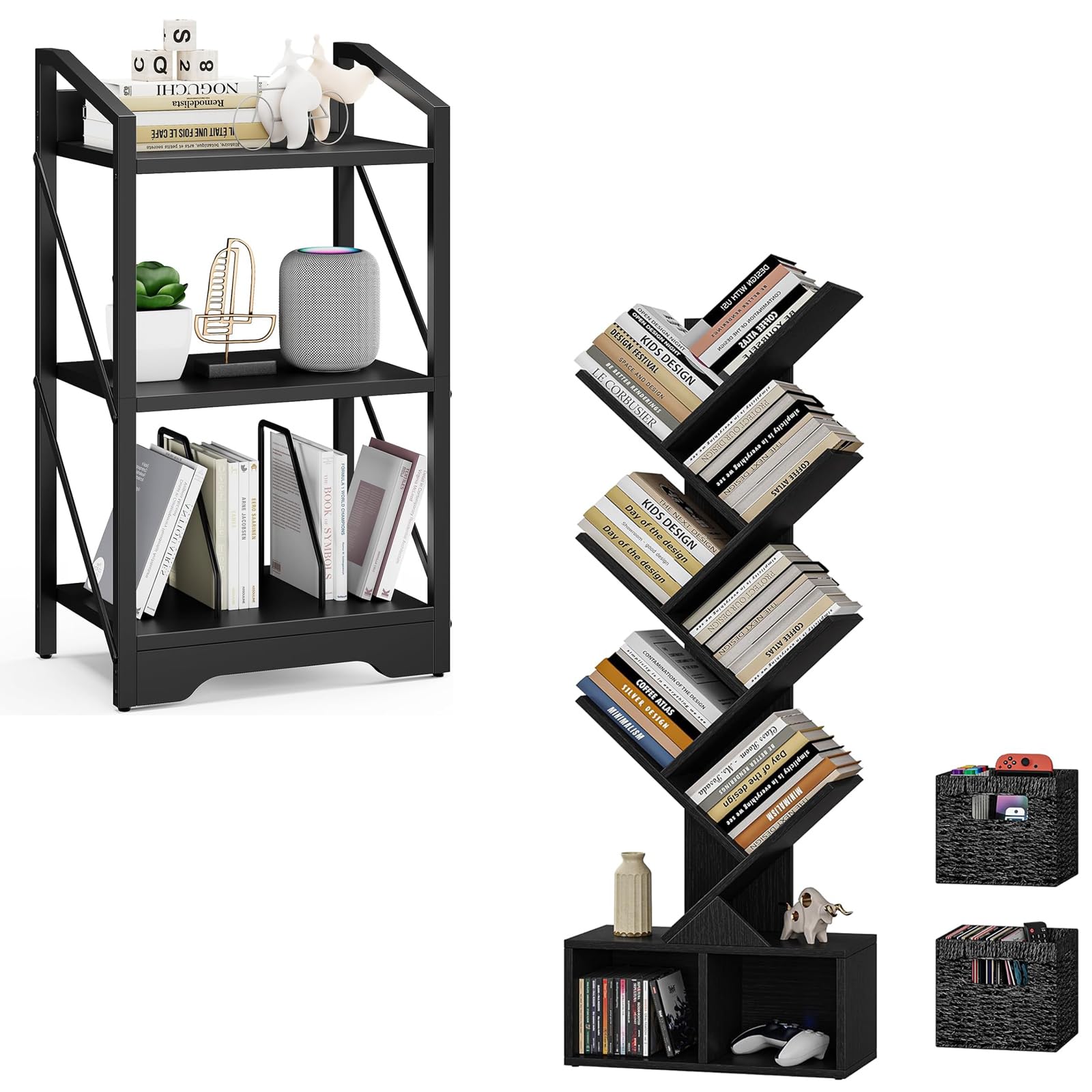 Vagusicc Bookshelf, 3 Tier Industrial Bookcase, 6 Tier Tree Bookshelf, Small Bookcase, Rustic Etagere Book Shelf Storage Organizer for Living Room, Small Bookshelf for Small Spaces (Black)