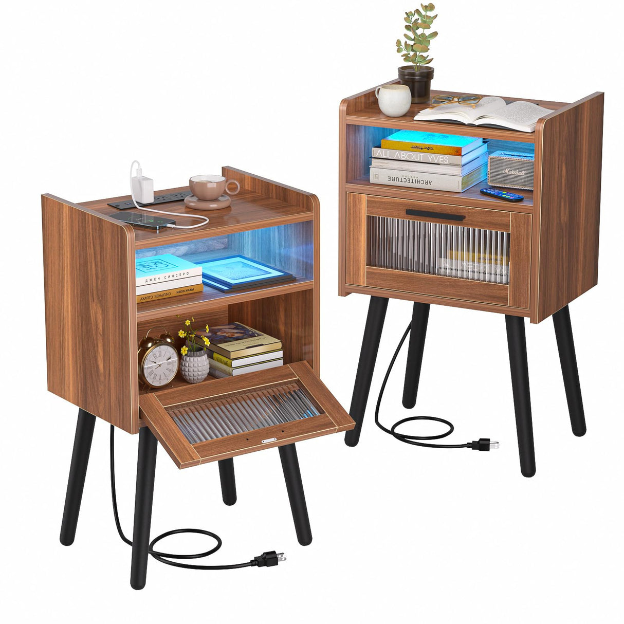 Set of 2 Mid Century Nightstand with Charging Station, Mid Century LED Light Modern End Table