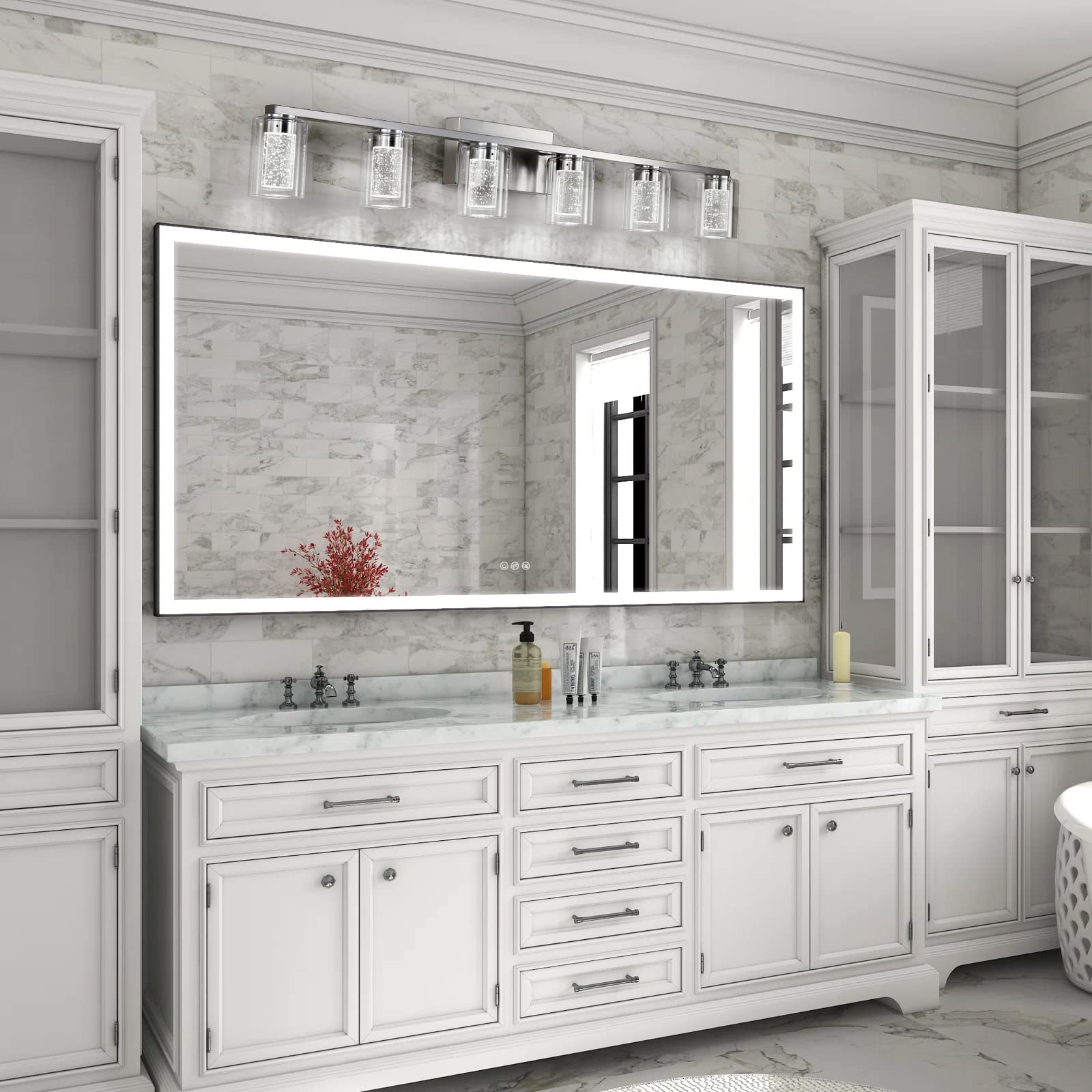 Brushed Nickel 6-Light Vanity Fixtures, Crystal Bubble Glass LED Sconces - Dimmable 3-Color (White/Neutral/Warm) for Bathroom, Hallway, Living Room