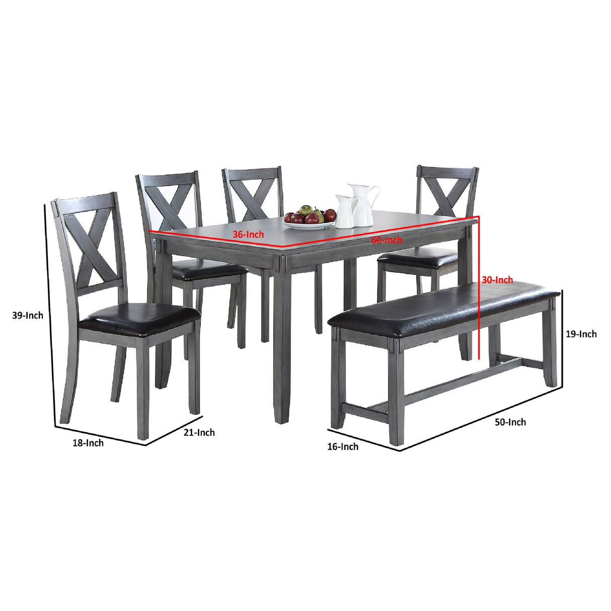 6 Piece Dining Set with Table, 4 Chairs and Bench, Faux Leather, Gray, Black