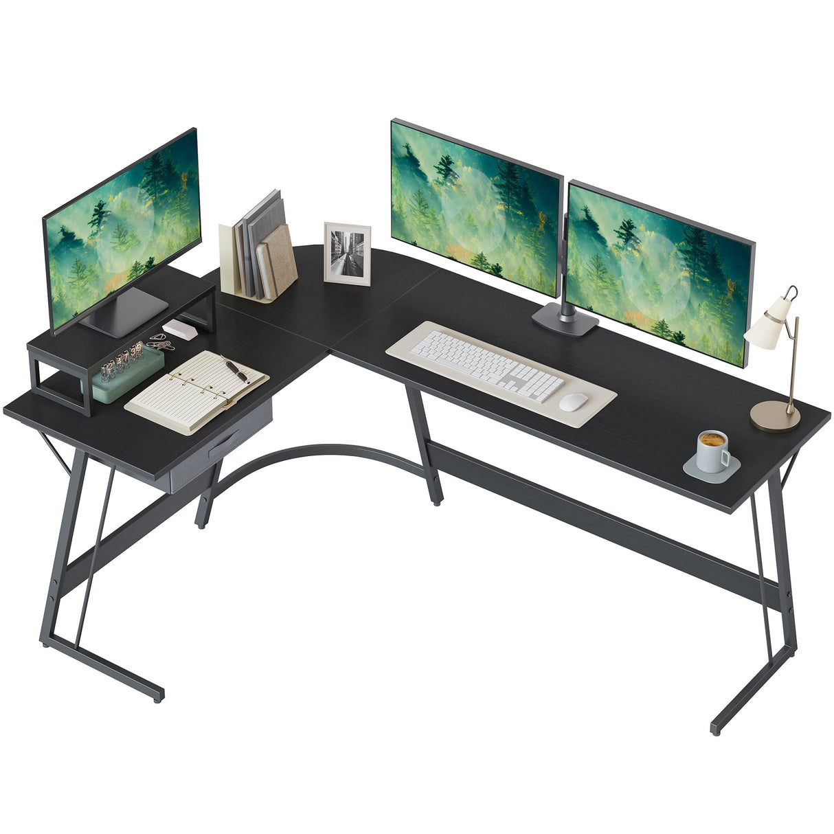 67 inch L Shaped Desk, Corner Computer Desk, Gaming Desk with Small Table and Drawer, Home Office Study Writing Workstation, Space-Saving, Black
