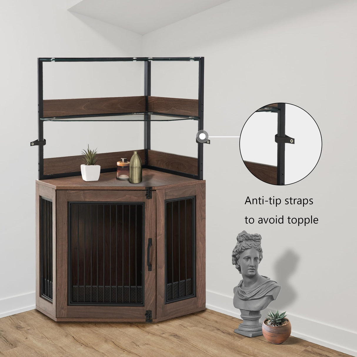 Small Corner Dog Crate Furniture with Glass Shelves