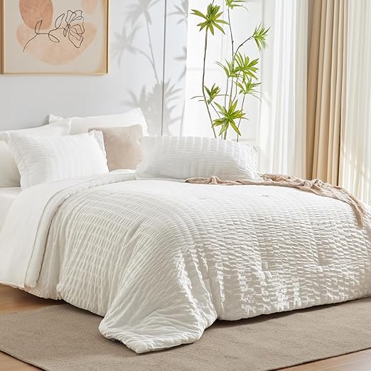 King Seersucker Comforter Set with Sheets Beige Bed