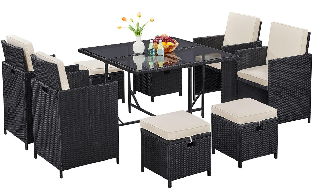 9-Piece Patio Dining Sets, Outdoor Space Saving Rattan Chairs with Glass Table