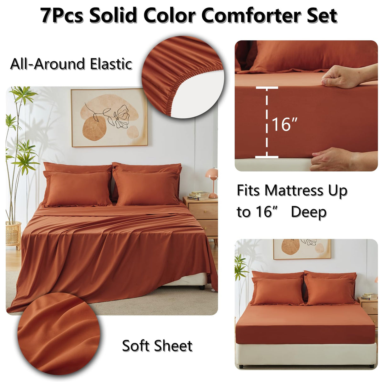 Queen Comforter Set Burnt Orange, 7 Pieces Bed in a Bag Terracotta