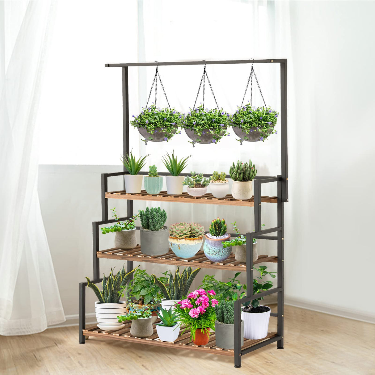 ULIKE Plant Stand Outdoor Indoor Hanging Plant Shelf for Multiple Plants 3 Tier Tall Plant Stand Wood Rack with Metal Frame for Patio Garden Balcony