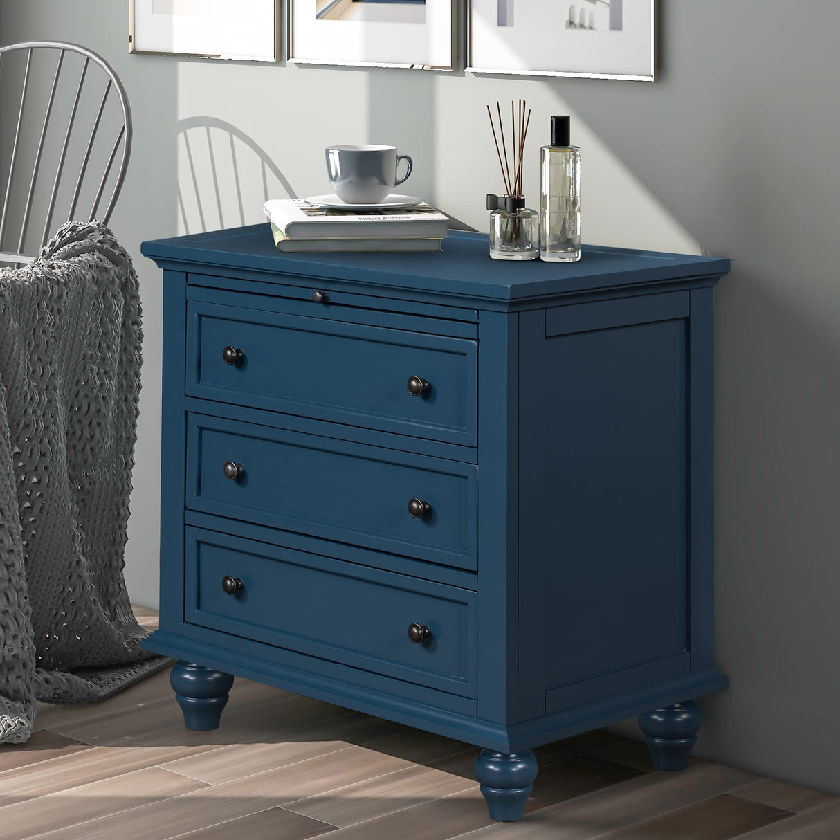 Nightstand with Storage, Wood Bedside End Table with 3 Drawers & Pull Out Tray