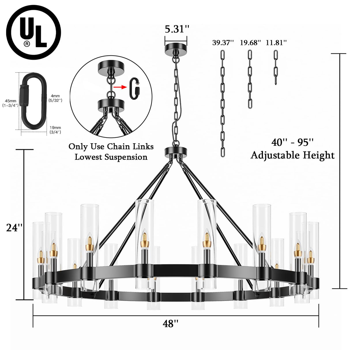 48 Inch Black Wagon Wheel Chandelier with Glass Shade, 16 Lights, Modern Farmhouse