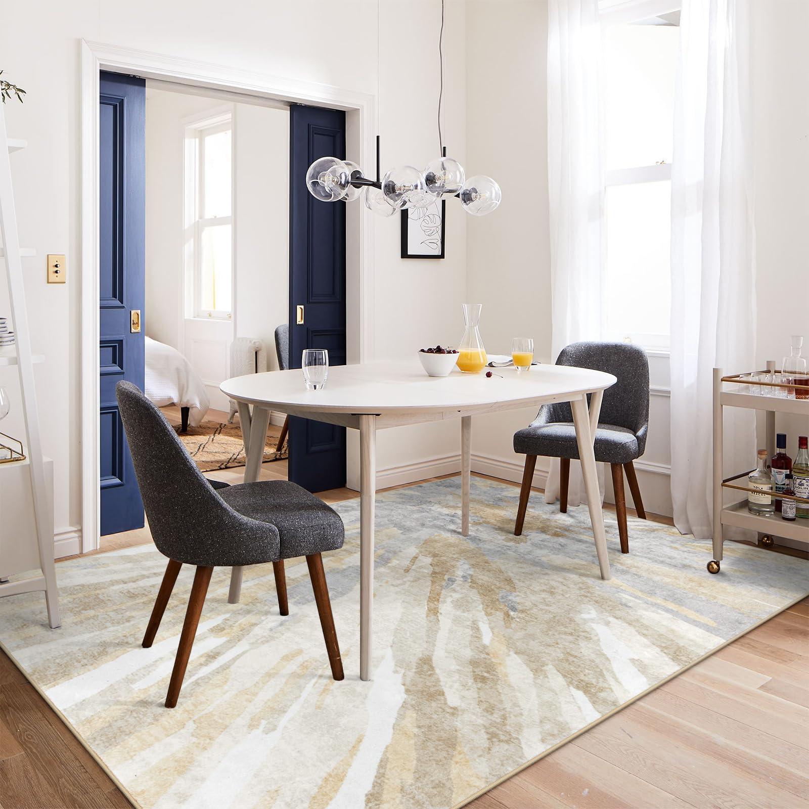 Neutral Abstract 5x7 Area Rug for Bedroom, Soft Low-Pile Faux Wool Living Room Carpet