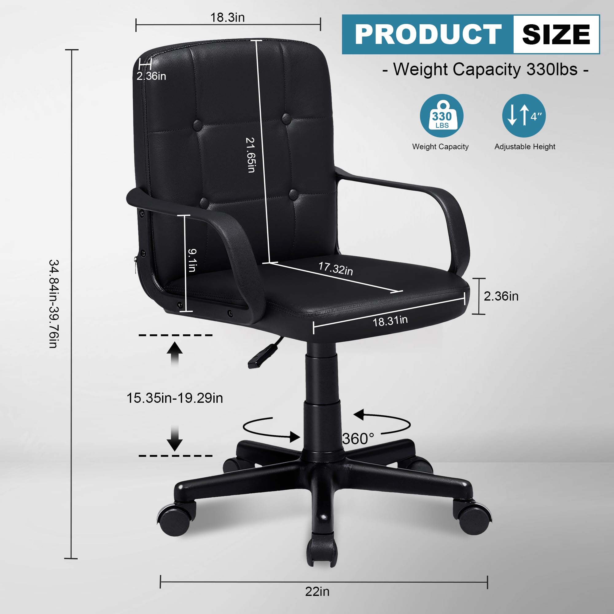 , Home Office Swivel Chairs PU Leather Height Adjustable with Wheels, Black