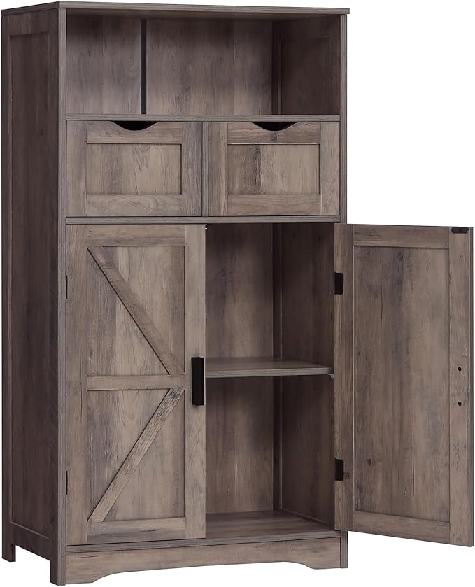 Bathroom Cabinet, Storage Cabinet with 2 Adjustable Drawers & 2 Barn Doors, Standing