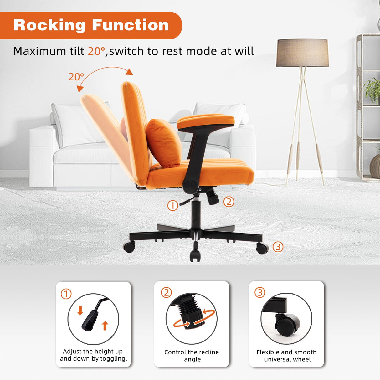 Velvet Ergonomic Office Chair with Adjustable Height & Lumbar Support