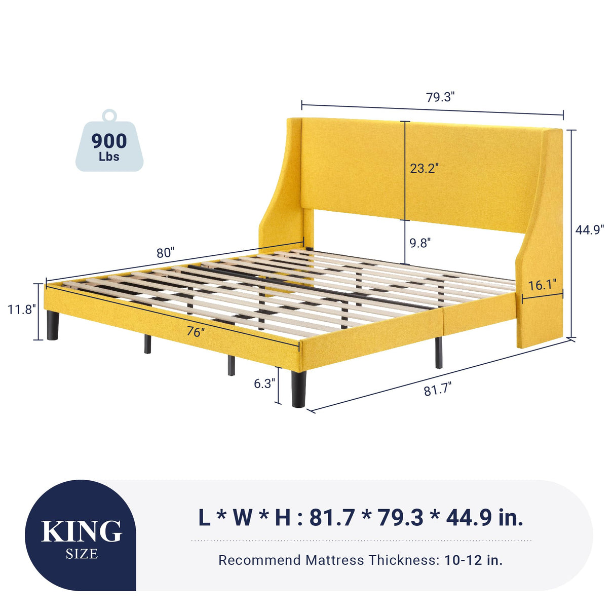 King Size Bed Frame, Platform Bed Frame with Upholstered Headboard, Modern Deluxe Winback,