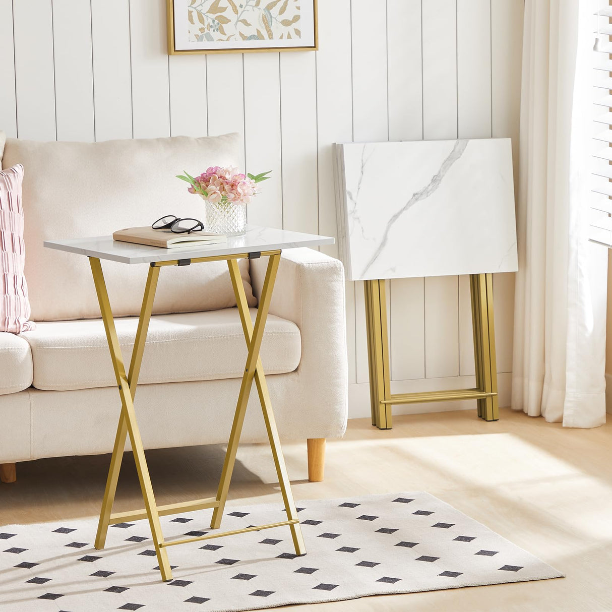 Folding TV Tray Tables, Set of 4 TV Trays with Storage Rack, Industrial Side Table for Eating at Couch,