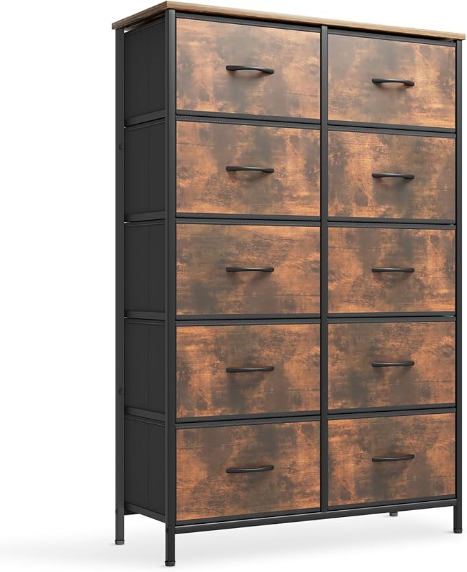 Tall Dresser with 10 Fabric Deep Drawers Metal Frame Storage Tower MDF Board Cabinet