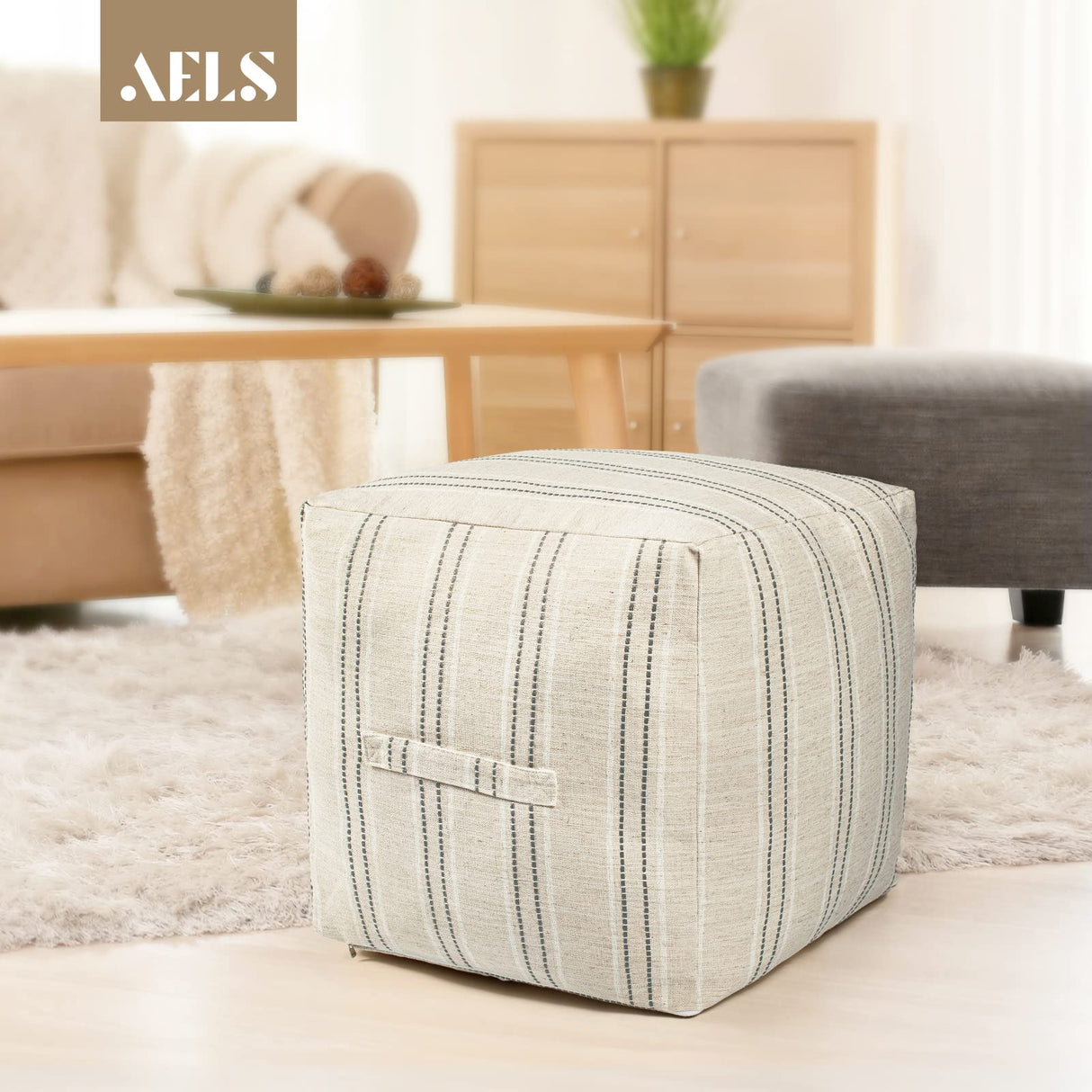 Farmhouse Pouf Cover for Living Room, Boho Storage Bean Bag Cubes, Beige with Gray