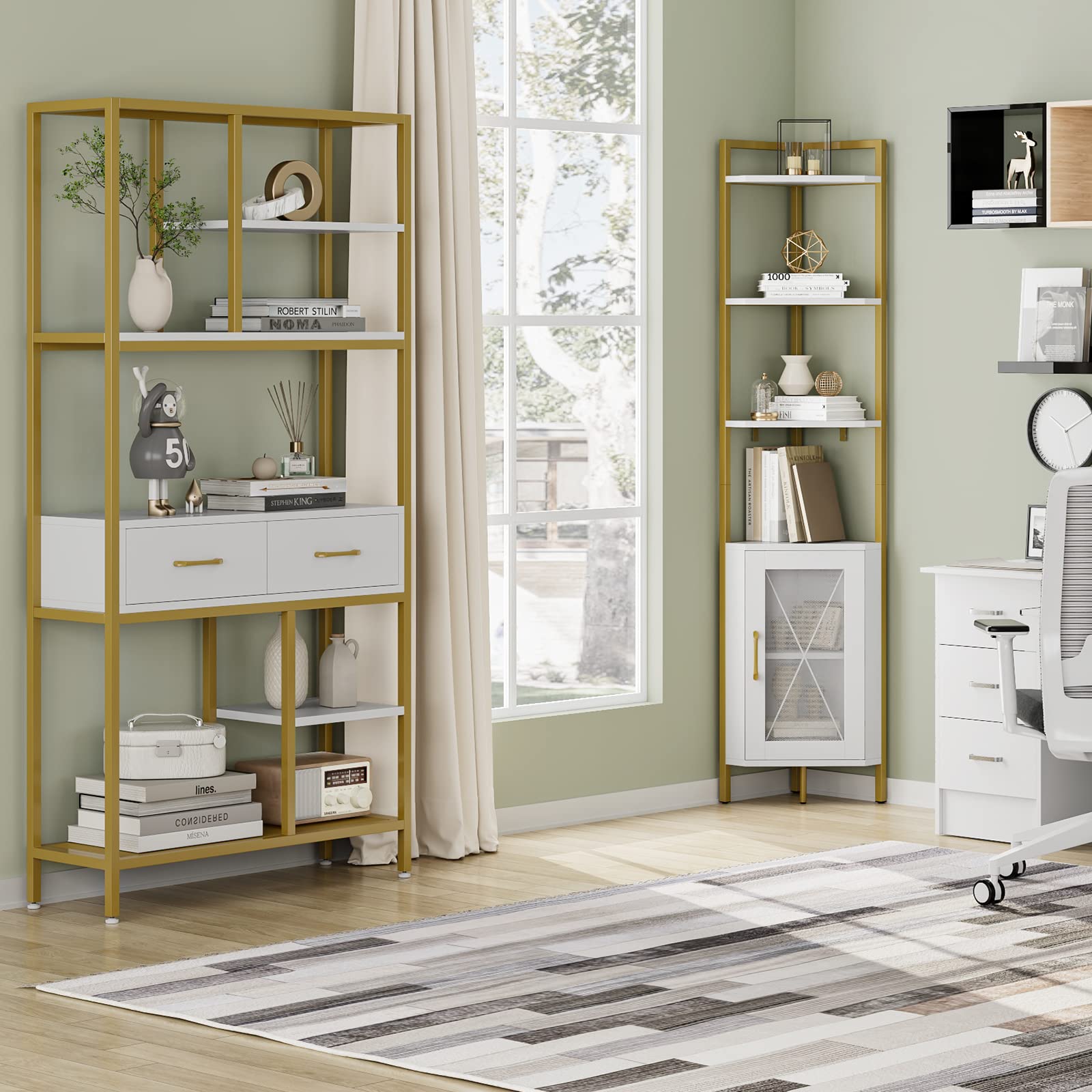 71" Tall Corner Shelf, 6-Tier Corner Bookcase, Gold Bookshelf with Storage Cabinet, Modern Display Shelf, Free Standing Storage Rack Plant Stand for Living Room, Home Office, White