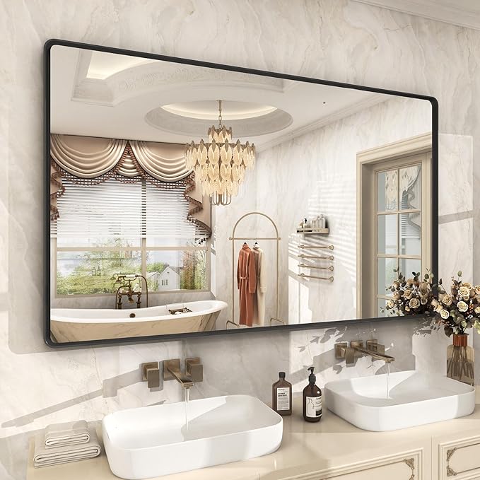 Black Metal Frame Bathroom Mirror, Large Rounded Rectangle Mirror
