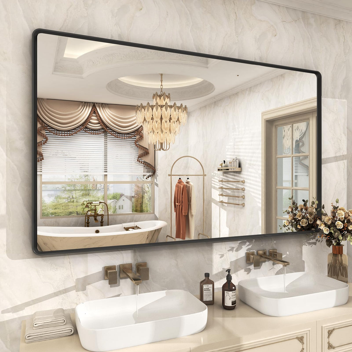 Black Metal Frame Bathroom Mirror, Large Rounded Rectangle Mirror