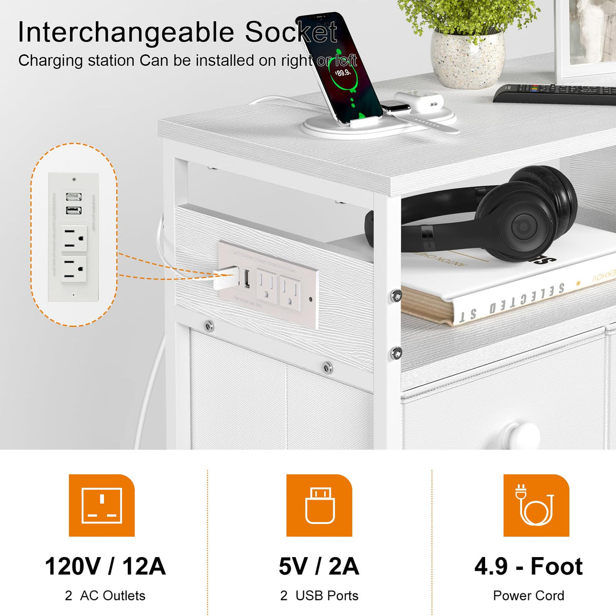 Nightstand with Charging Station, Bedside Table with 4 Drawers and 2-Tier Shelf, Modern