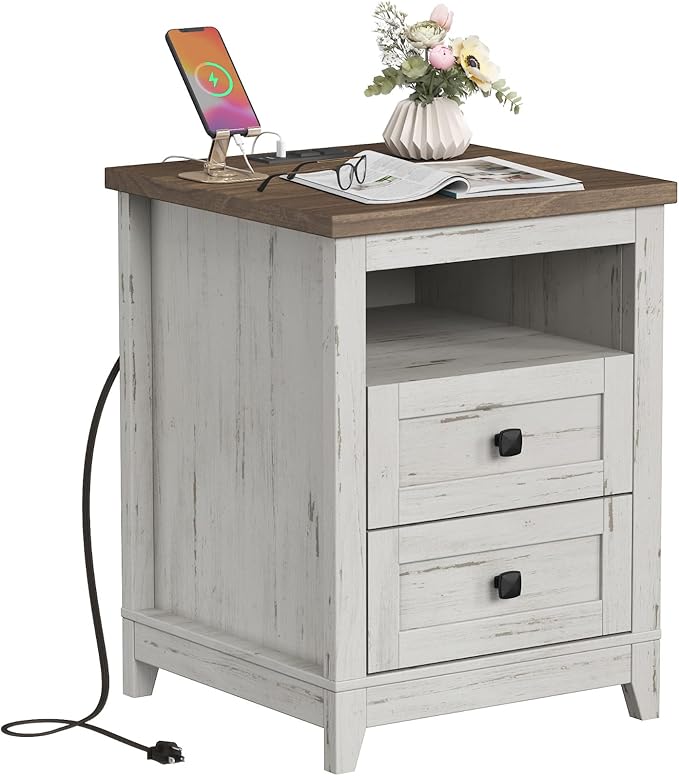 Farmhouse Nightstand with Power Outlets and USB Ports, Bedside Table with 2 Drawers and 1 Open Storage Space