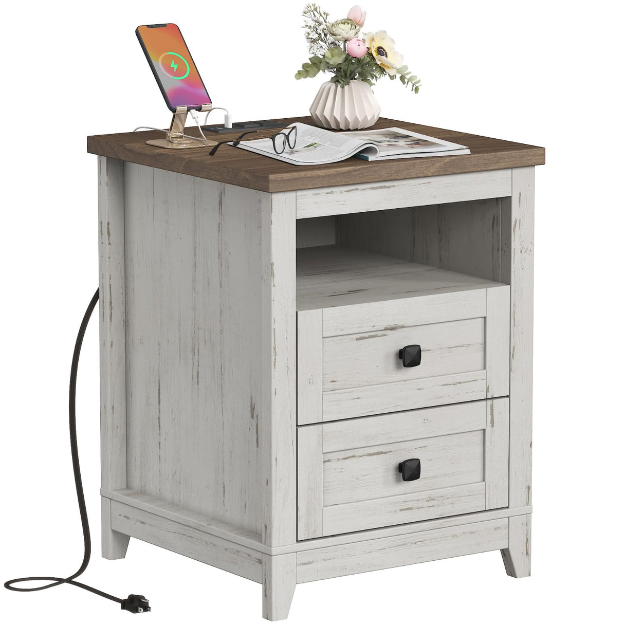 Farmhouse Nightstand with Power Outlets and USB Ports, Bedside Table with 2 Drawers and 1 Open Storage Space