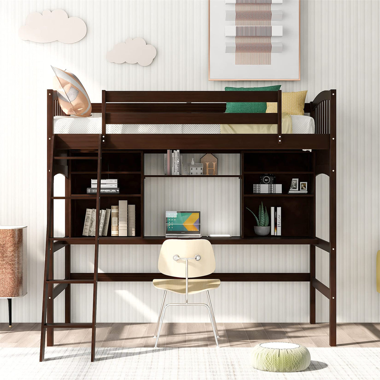 Kids Loft Beds, Twin Loft Bed with Desk, Wood High Loft Bed with Bookcase Shelves for Dorm, Boys & Girls Teens Adults, Espresso
