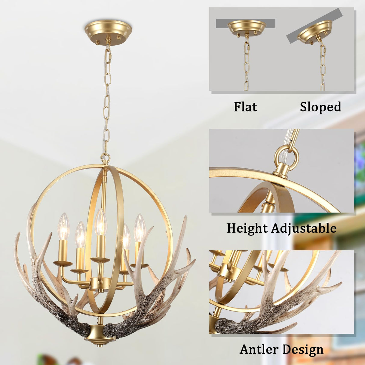 Gold Chandelier 5-Light Farmhouse Chandeliers for Dining Room Rustic Ceiling Light Fixture