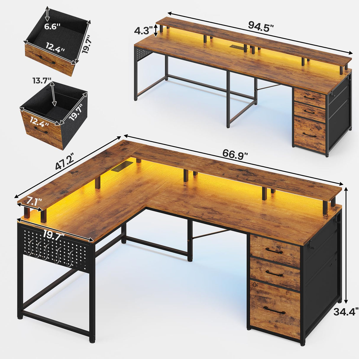 66.9" L Shaped Desk, Reversible Computer Desk with Monitor Stand and Pegboard,