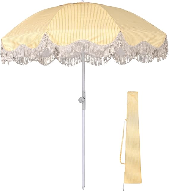 Ocean 6Ft Fringe Patio Umbrella 8 Ribs Outdoor Beach Tassel Umbrella with Push Button