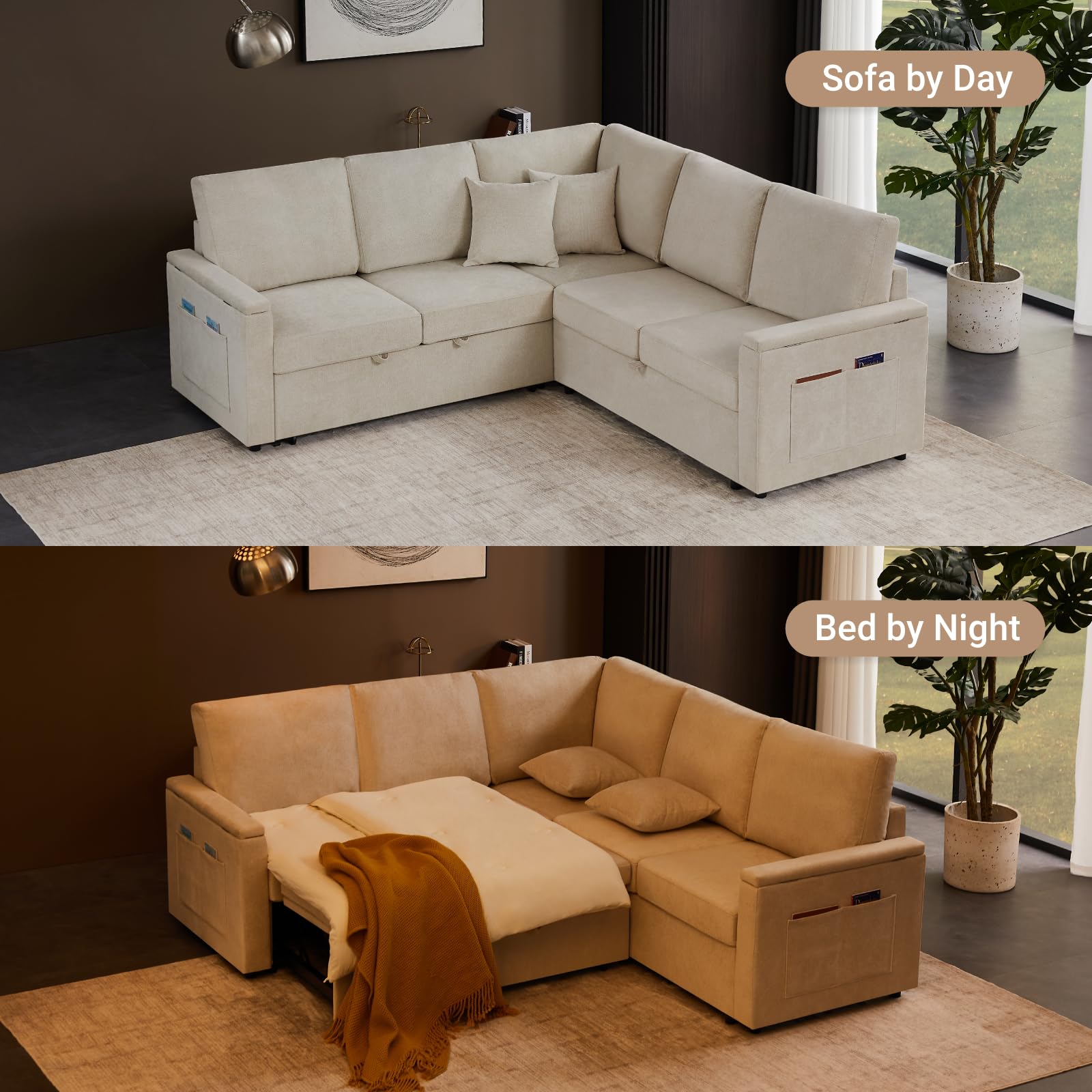 87'' Sectional Sleeper Sofa with Pull Out Bed, 6 Storages U Shaped 5 Seater Modular