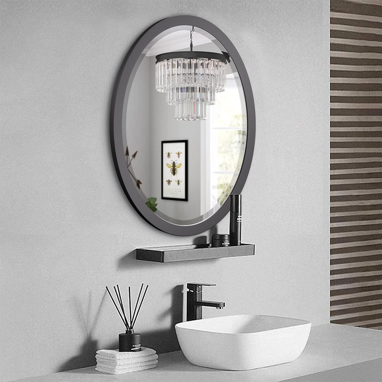 Oval Wall Mirror 23x29 Inch Matte Black Metal Frame