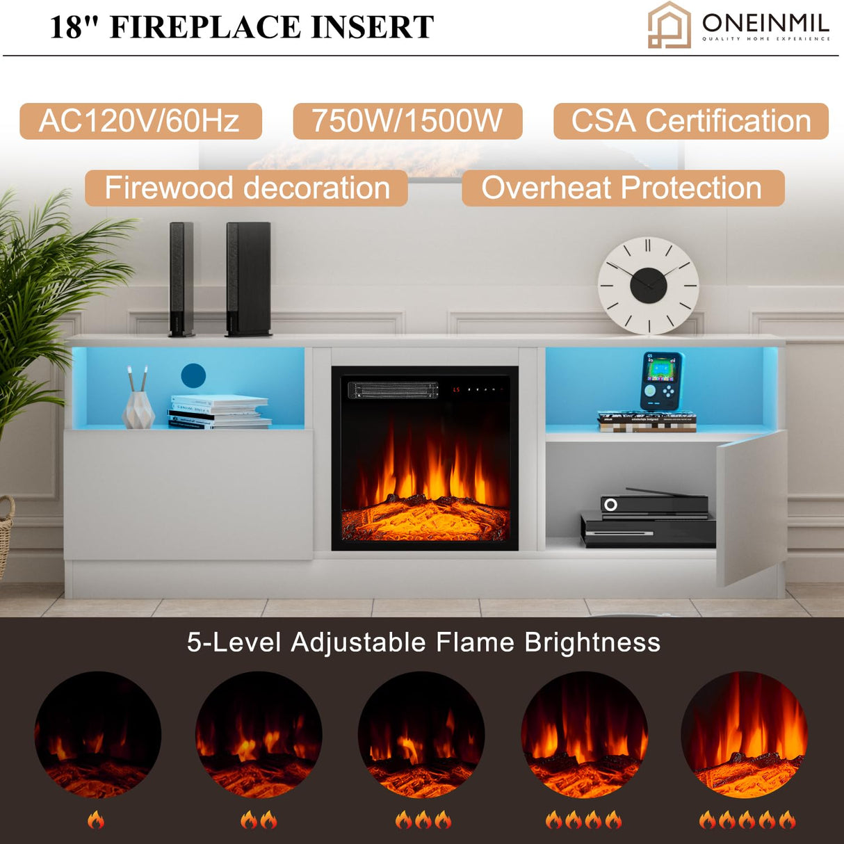 Fireplace TV Stand with 18" Electric Fireplace, LED Light Entertainment Center