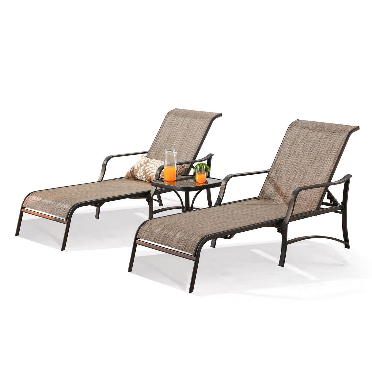 Patio Chaise Lounge Outdoor Adjustable Back Metal Lounge Chair with Bistro Table 3 Pieces