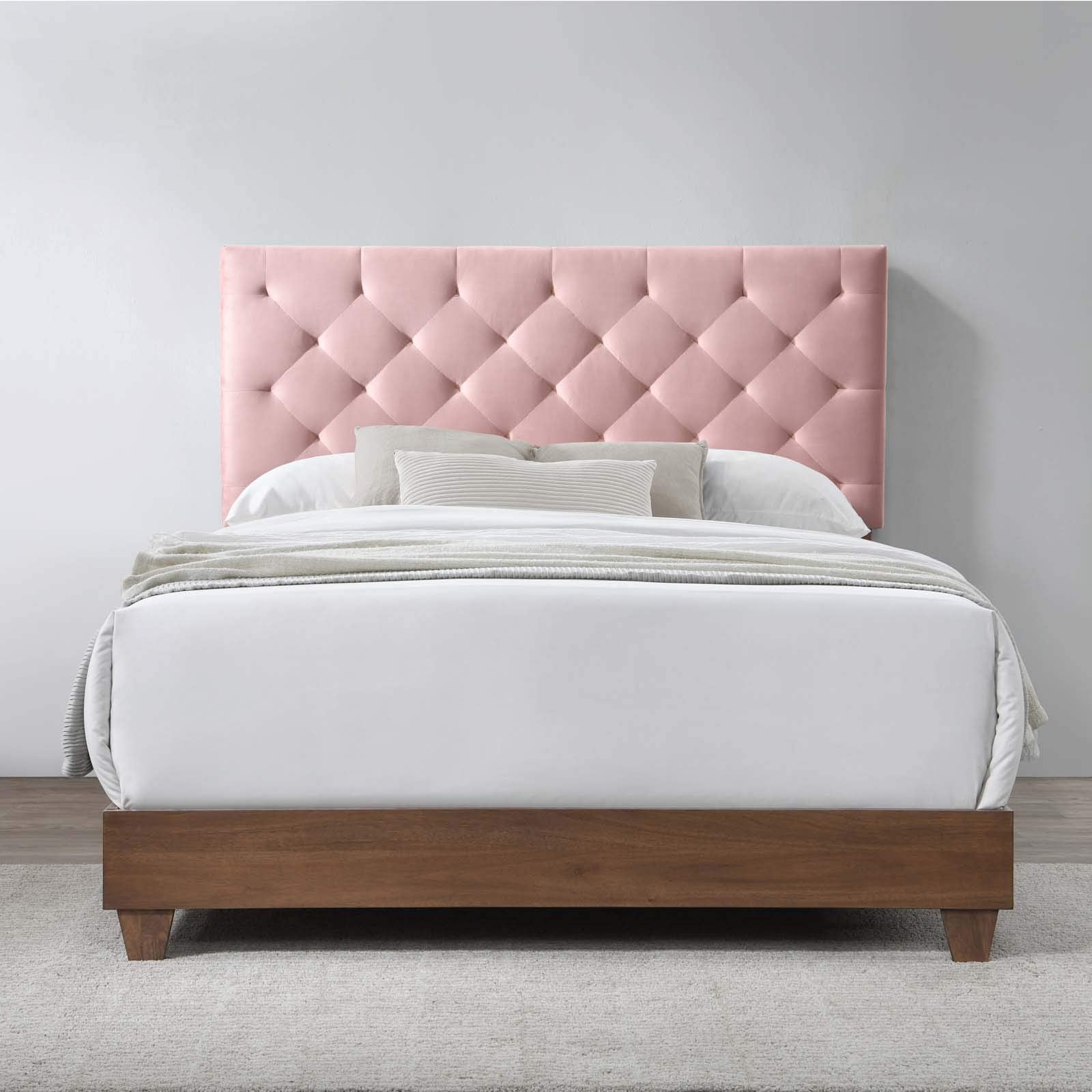 Tufted Upholstered Performance Velvet Queen Bed, Walnut Dusty Rose