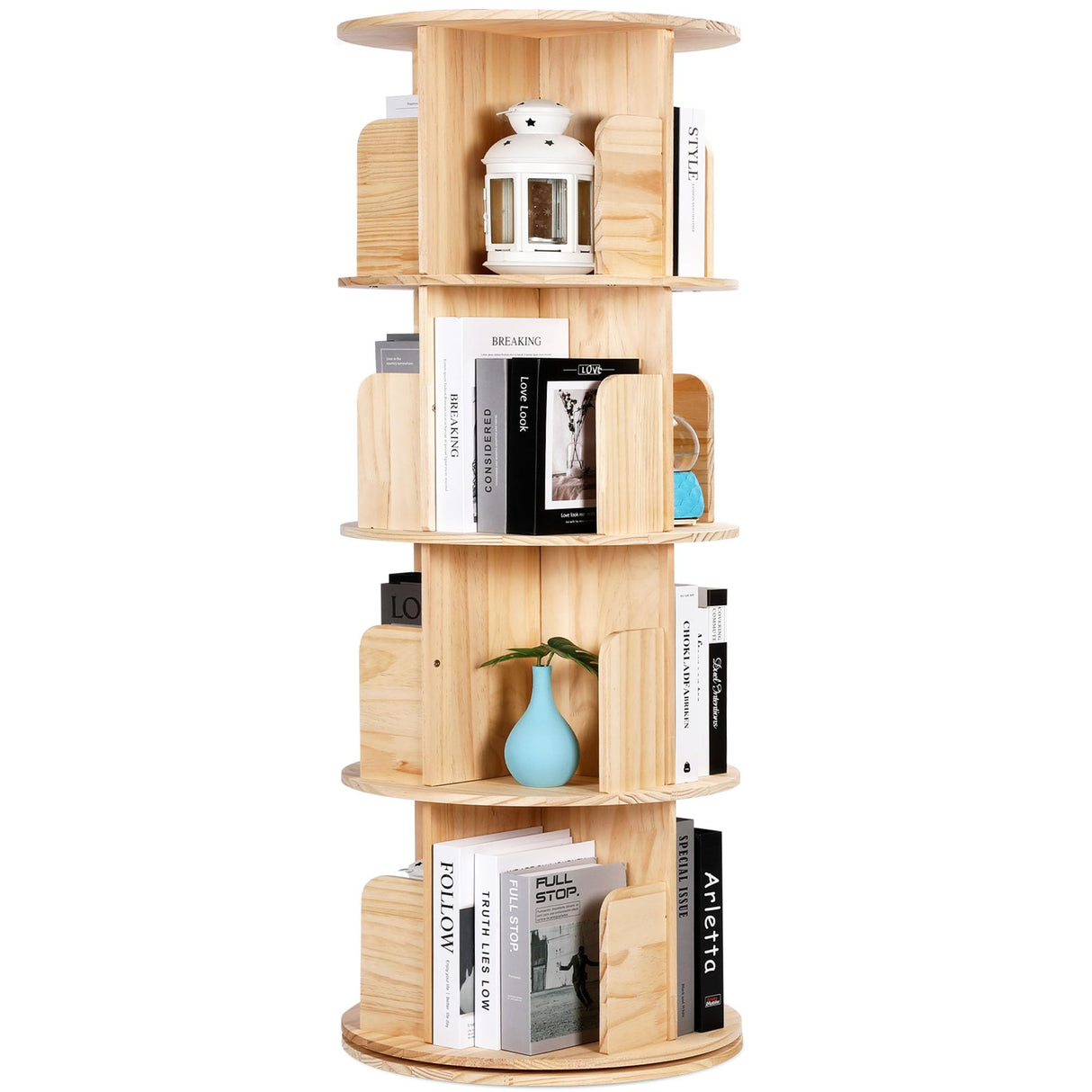 Bookshelf Tower, 4 Tiers Floor Standing Bookcase Storage Rack, 360 Display Round