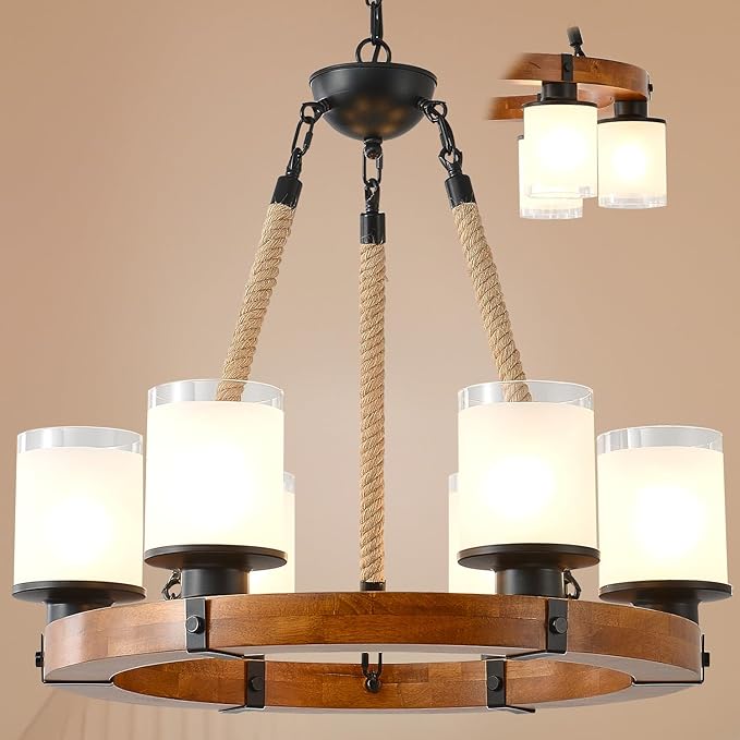 Farmhouse Wood Wagon Wheel Chandelier,6-Light Rustic Pendant Light with Glass Shades
