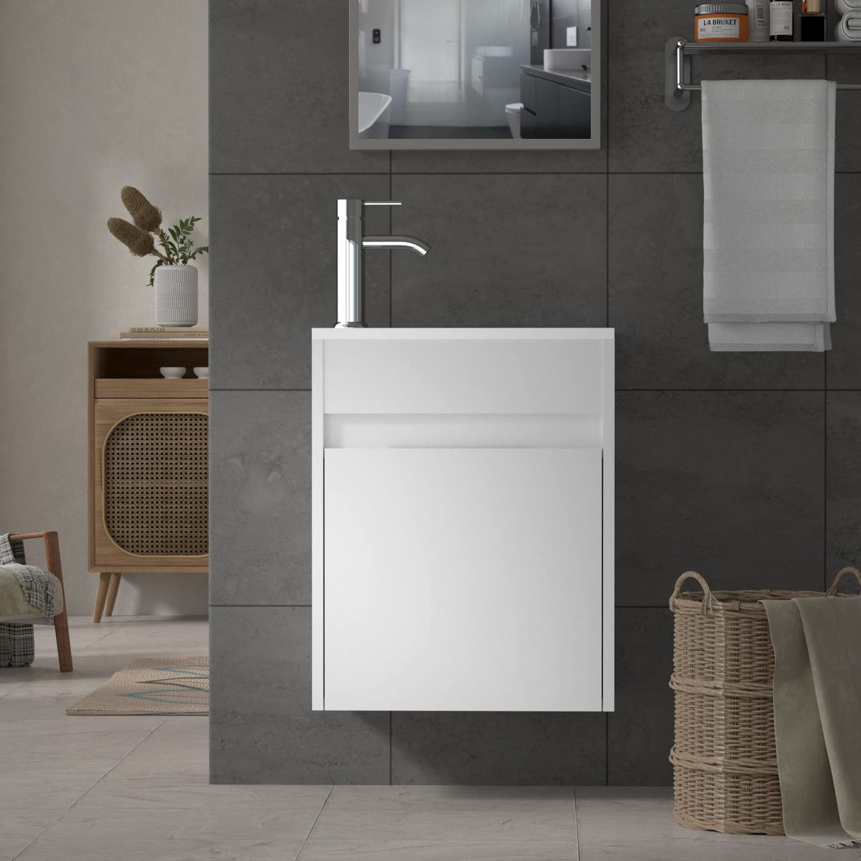 16" Small Bathroom Vanity Wall Mounted,White Small Bathroom Vanity with Ceramic Sink