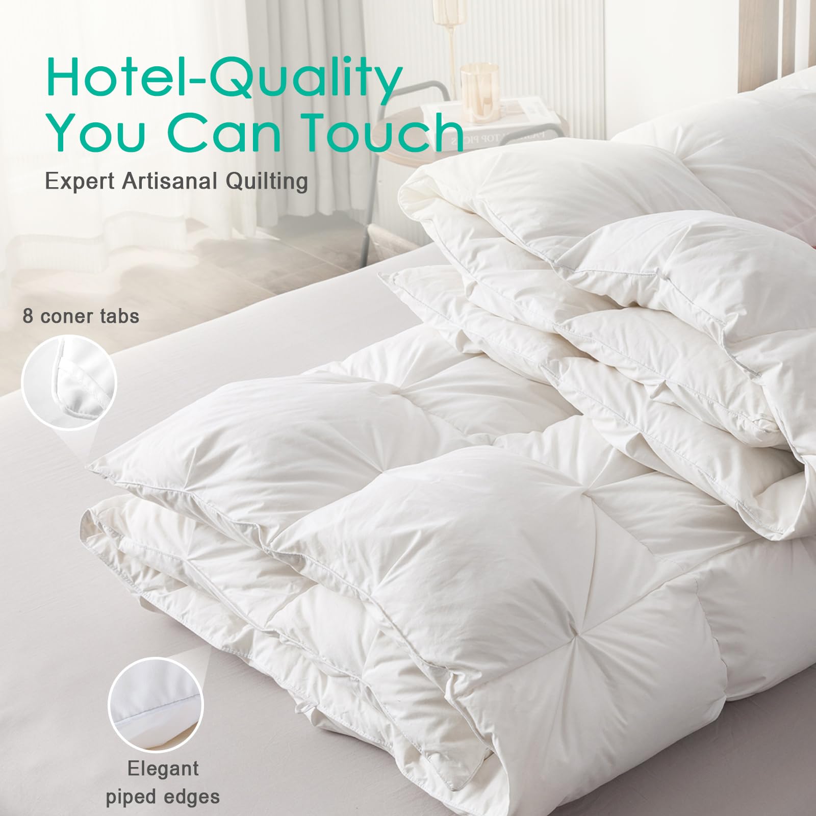 APSMILE Down Comforter Queen Size Pinch Pleat Design - 750 Fill-Power Luxurious Fluffy Duvet Insert - All-Season Medium Warmth Bed Feather Down Comforter with 8 Tabs(90"x90", Solid White)
