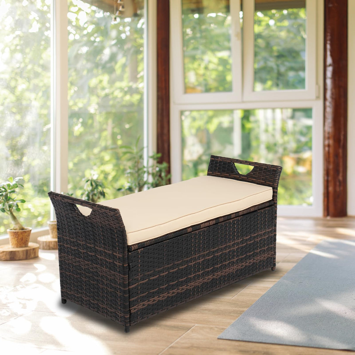 40 Gallon Wicker Storage Bench, Patio Cushion Storage Box Designed with Side Handles