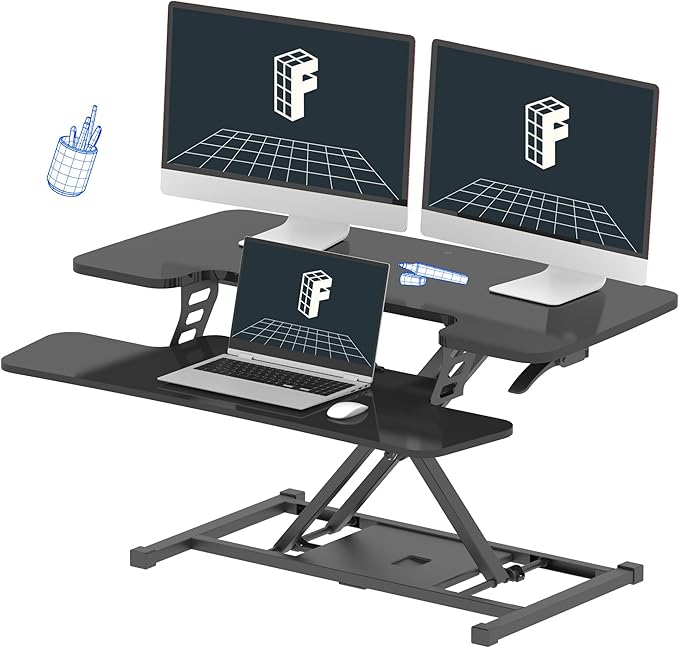 Standing Desk Converter 42 inch Spacious Sit to Stand up Dual Monitor and Laptop Desk Riser, Big Size Tabletop Workstation with Large Keyboard Tray, Black