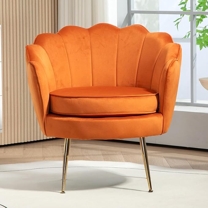 Velvet Barrel Accent Chair with Scalloped Silhouette and Gold Metal Legs, Decorative Piece Suitable for Traditional, Modern, and Contemporary Spaces, Mustard Yellow