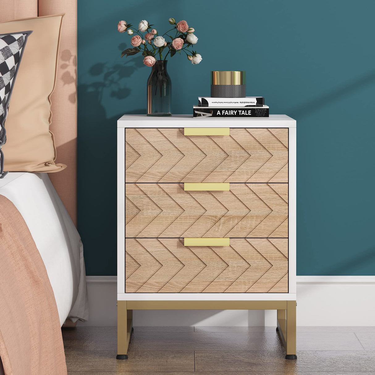 3 Drawers Nightstand Set of 2, Modern Bedside Table with Unique Chevron Design