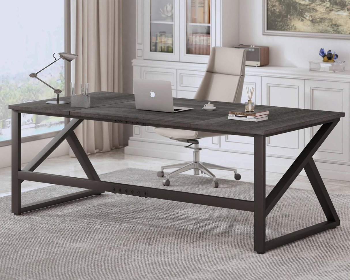 Long Desks for Home Office, Large Metal Wooden Computer Desk for 2 Monitors