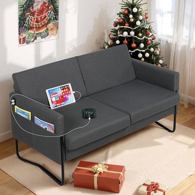 51” Small Loveseat Sofa for Small Spaces, Comfy Beige Couch with 2 USB Ports