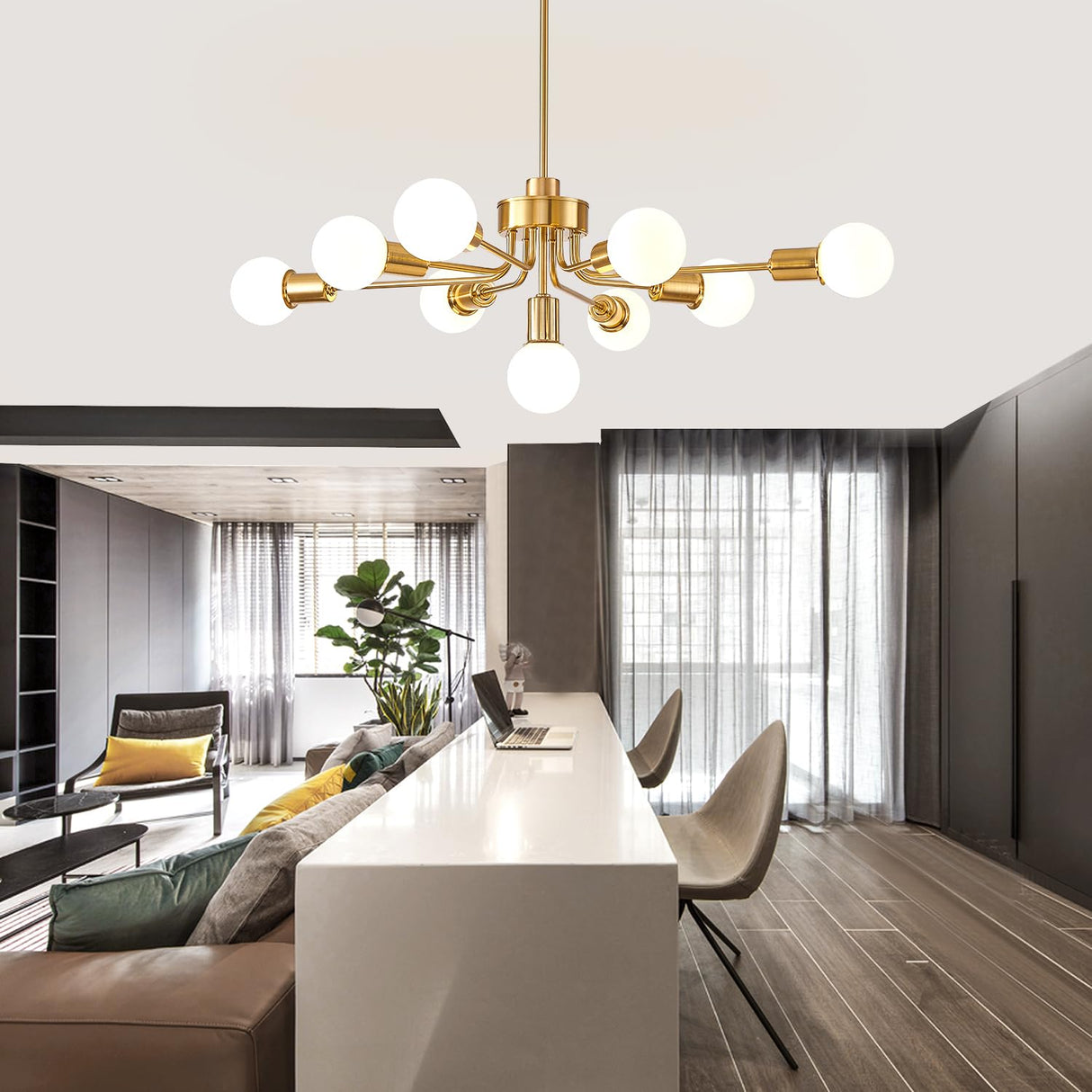 9 lights Gold chandelier,high ceiling chandelier dining room,sputnik dining room