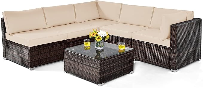 6-Piece Outdoor Wicker Patio Furniture Conversation Set with Glass Coffee Table