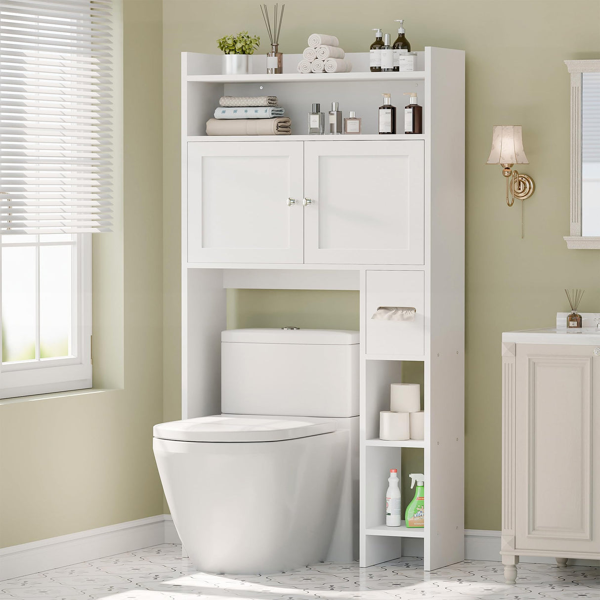 Over The Toilet Storage Cabinet with Doors, 32" Bathroom Storage Organizer