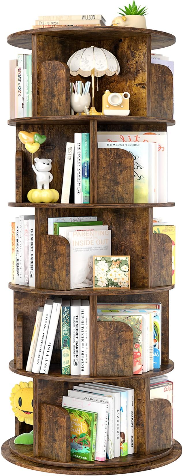 Rotating Bookshelf, 360 Display Wood Spinning Bookshelf Tower, 5 Tier Floor Standing
